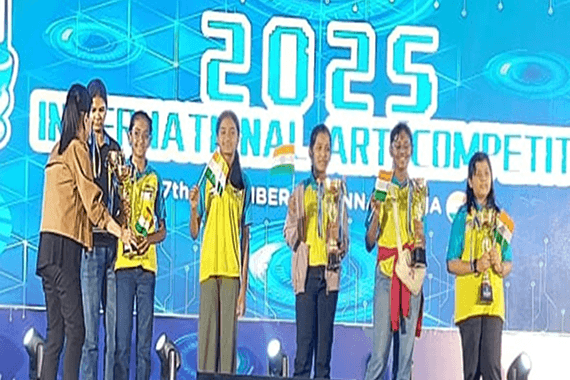 Thripuraneni Joanna Tanvi of class 6 won III prize, Shaik Javed Armaan of class 6 &Shaik Zara Parveen of Class 3 won V prize in Kolor Champ’25, the 18th National Art Competition titled “My World of AI