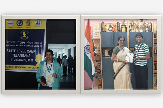 Digantika Hui of class XI & K Hemanth Bhargav of class 8 attended the Telangana Science Camp after qualifying a two – level VVM examination.