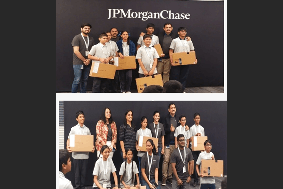 Khaja Zayaan Ali, Shashwat Pandey, S. Samvedya, S. Dhiyanesh Krishna, G. Varu Reddy, Ramlal Akhil, S. Keerthi Aaradhya and Y. Akshaya of Class VIII secured the First Prize and 8 Laptops at JP Morgan young innovators program.